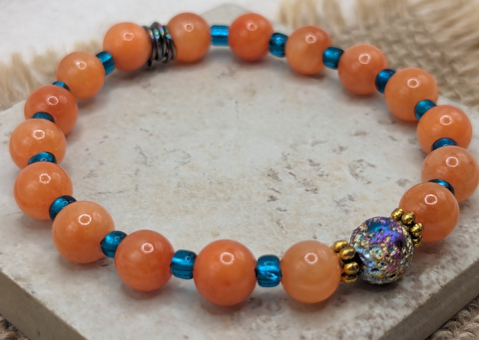 Orange 8mm Gemstone, Blue 6/0 Beaded Stretch Stylish Bracelet (17cm) S/M Wrist