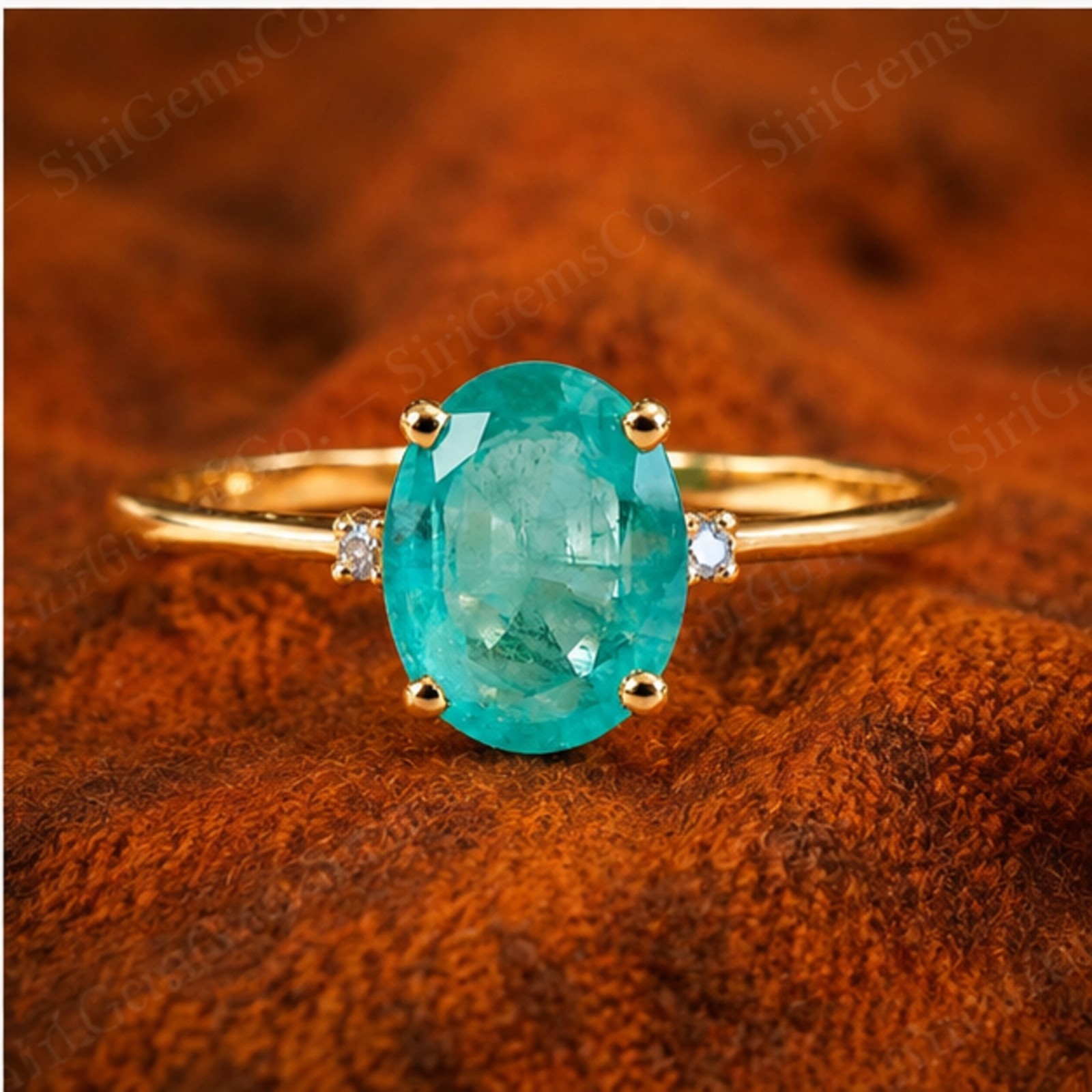 Oval Mint Green Emerald Ring Diamond Side Accent 14k Yellow Gold Over Silver Fin