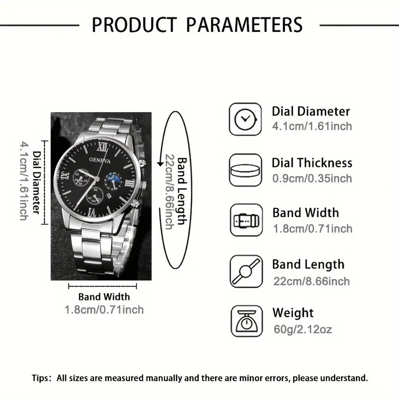 4Pcs Set Fashion Silvery Quartz Watch Cross Necklace Bracelet Ring Mens Gift New