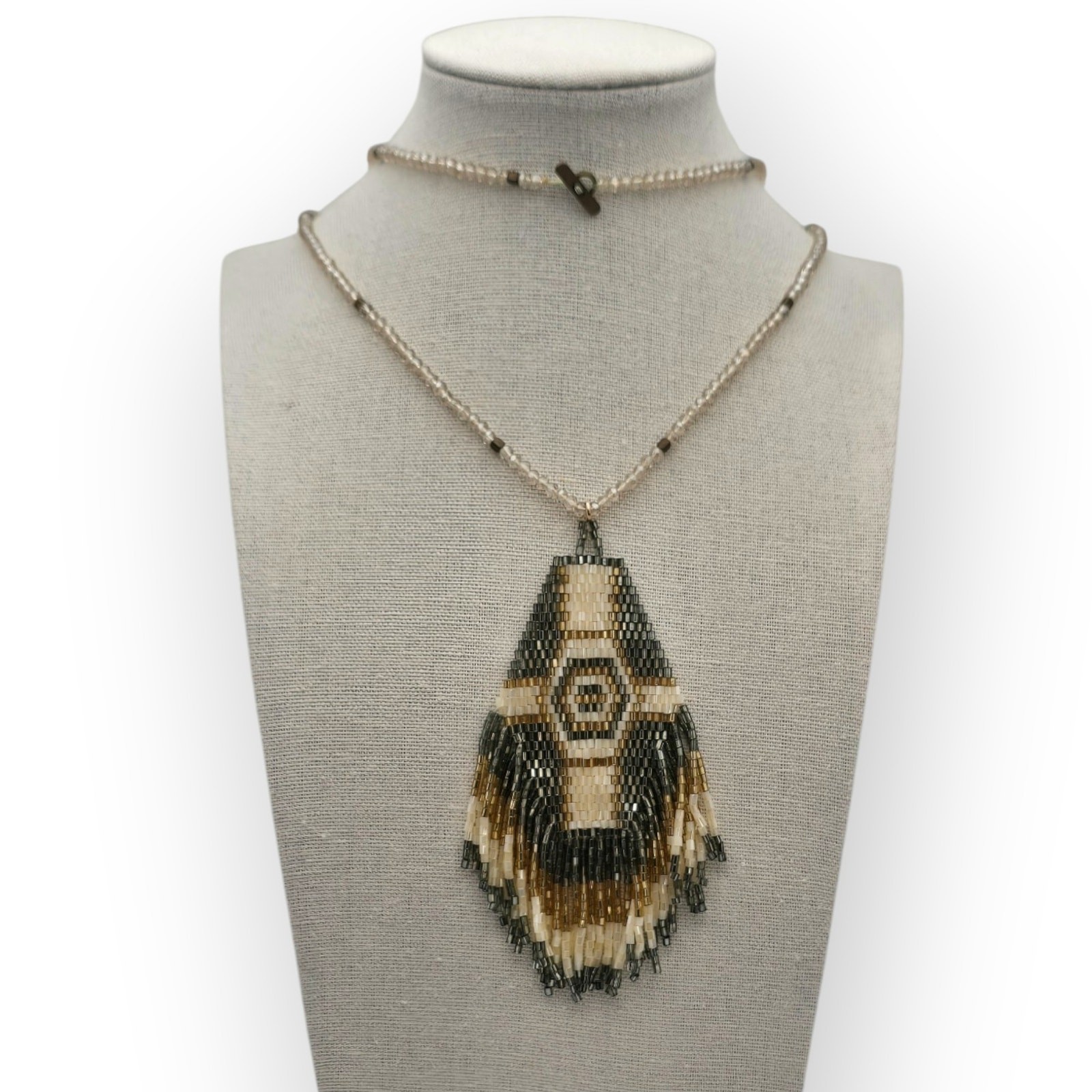 Brown Champagne Ivory Faceted Beaded Pendant Necklace Long – Elegant Boho Chic