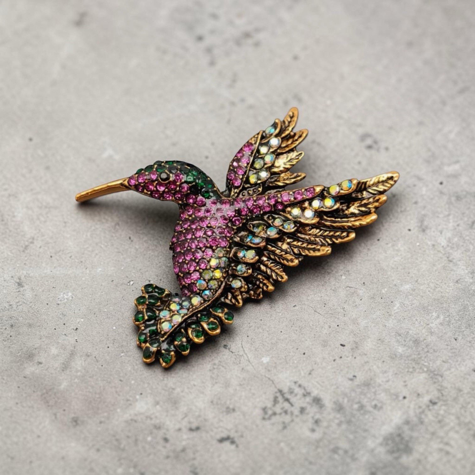 Hummingbird | Rhinestone Brooch | Gold Tone Metal |Purple, Green, AB Crystals