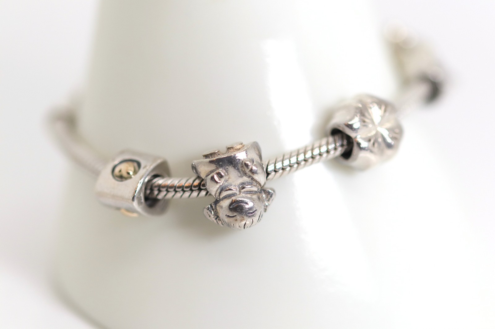 Pandora Sterling Silver Bracelet 925 + 6 Charms Shamrock Chick Fish Heart Frog