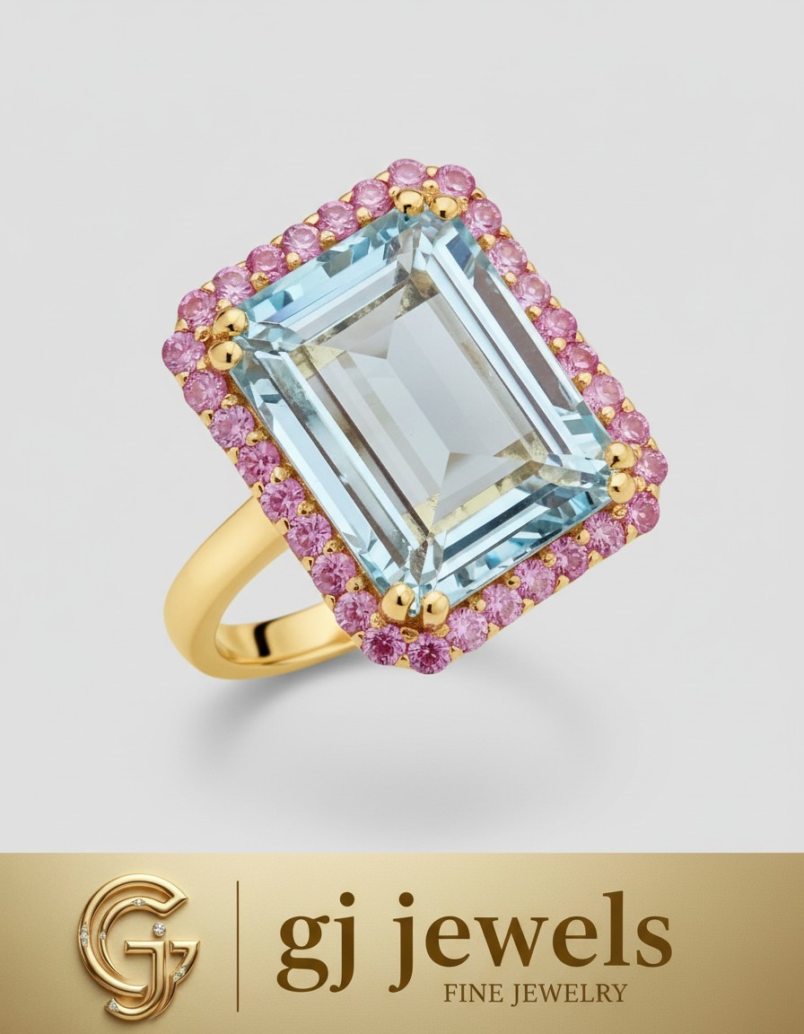 March Birthstone, 14k Solid Gold, Genuine Aquamarine, Emerald Cut, Pink Sapphire