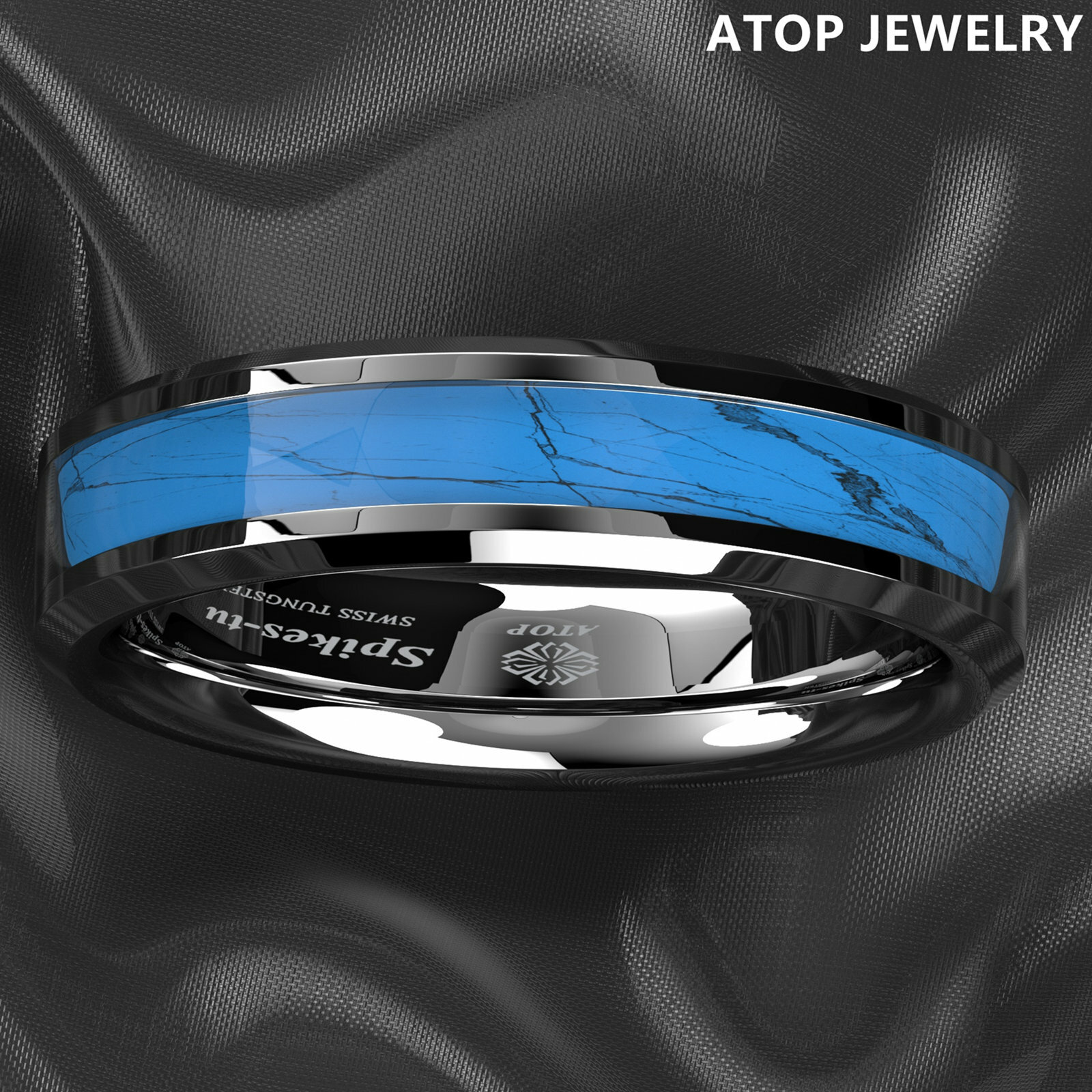 8mm Silver Edge Tungsten Carbide Ring Manmade Turquoise Engagement Wedding Band