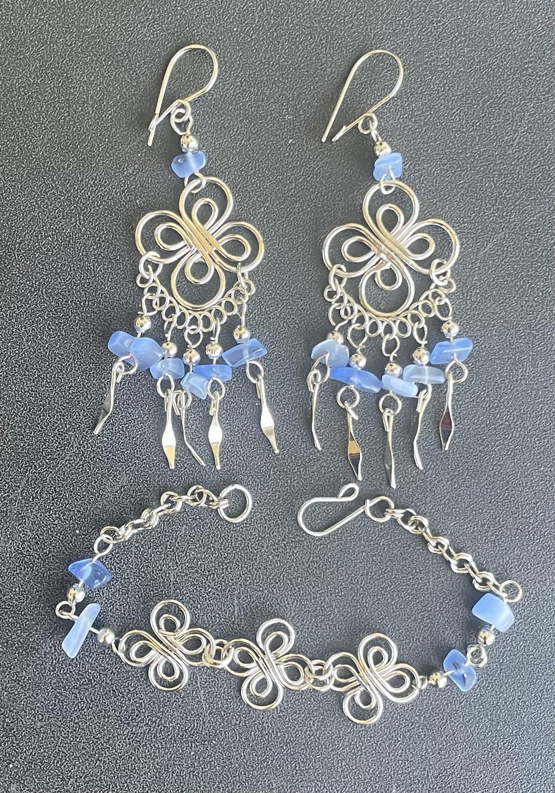 Peruvian Blue Cascajo Chip Nugget Long Necklace Bracelet Earrings Set Peru Boho