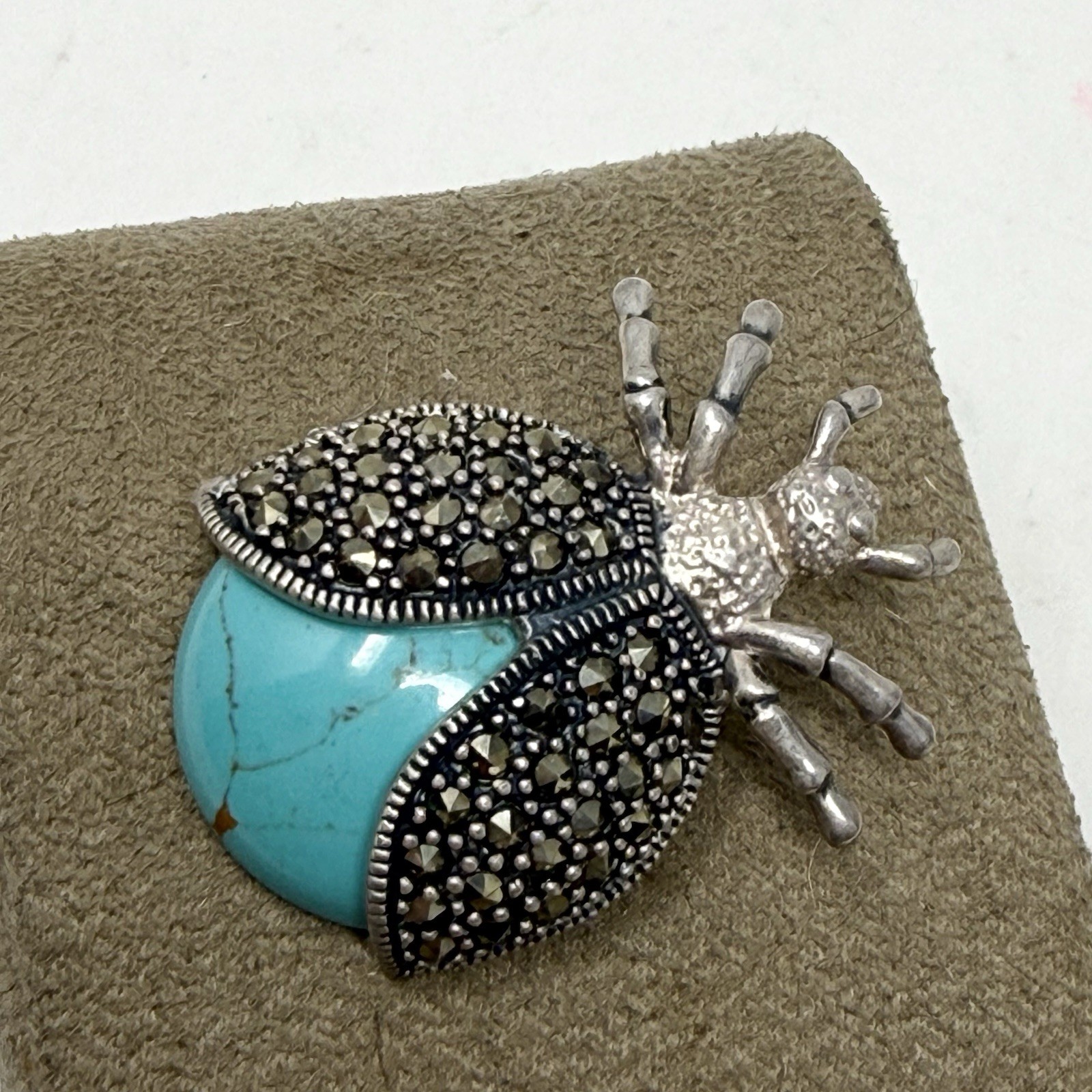 Vintage Sterling Silver Marcasite Bug Brooch Turquoise Cabochon Insect 925