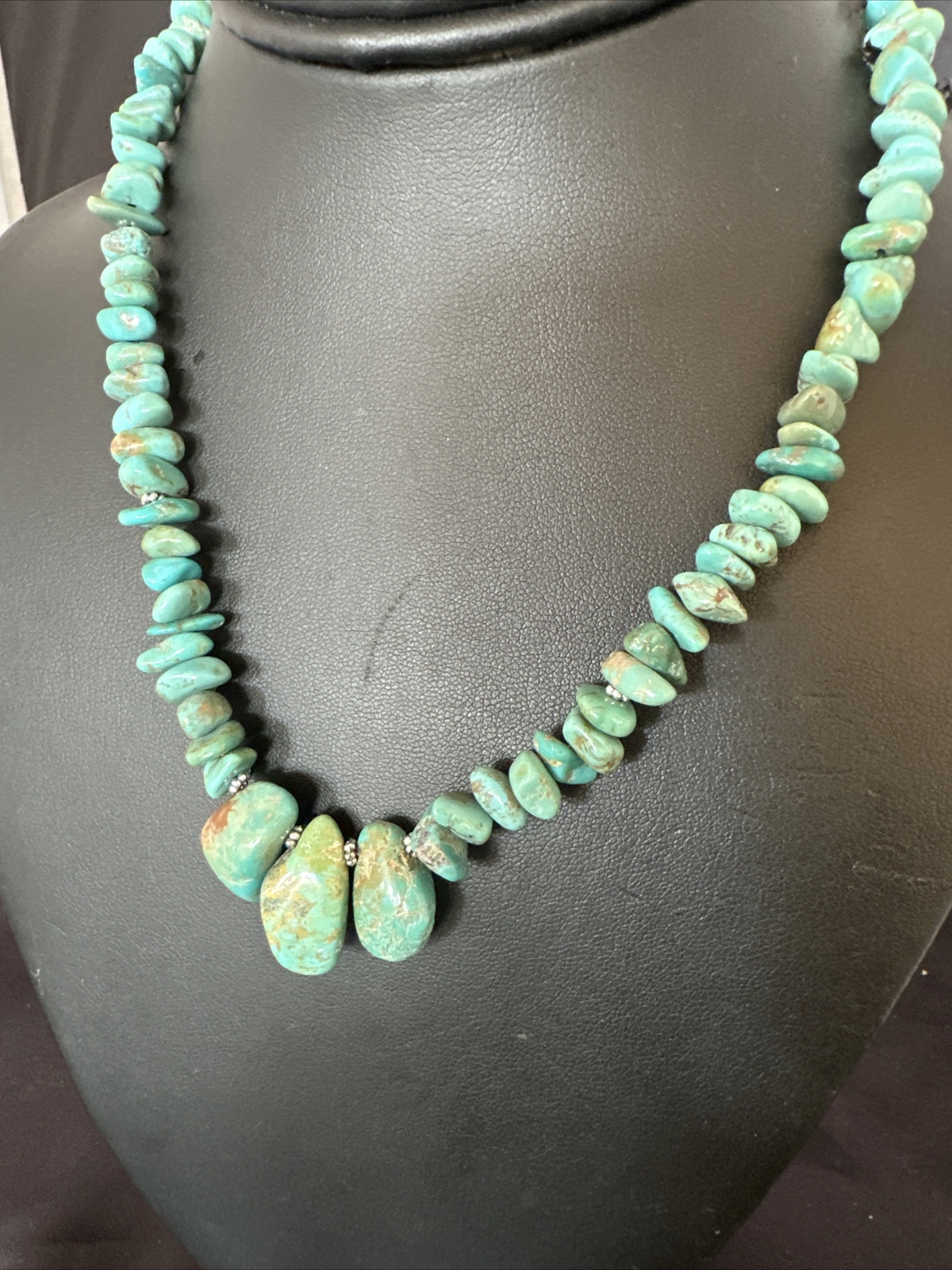 Green Royston Turquoise Bead Navajo Sterling Silver Beads Necklace 16” 15992