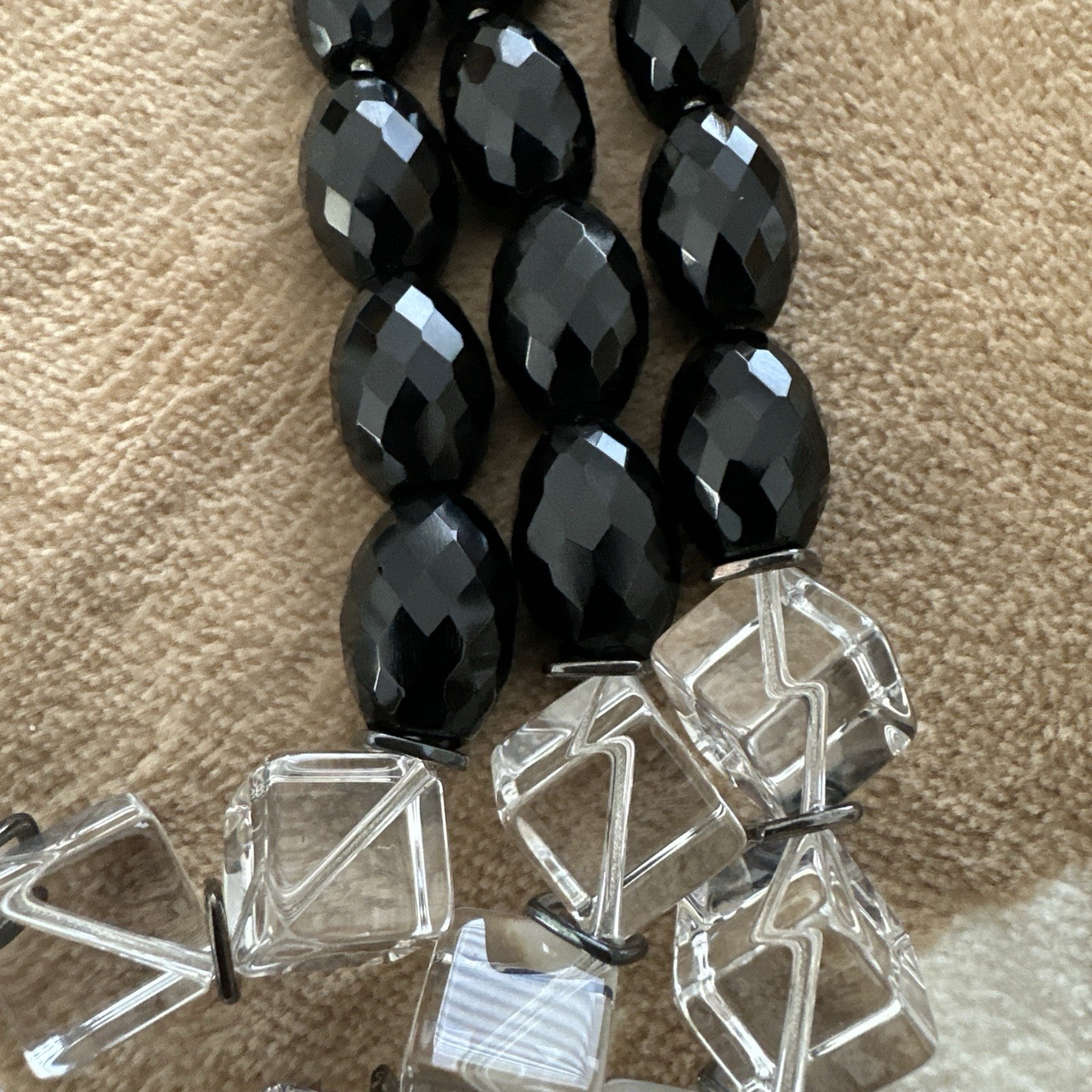 Simon Alcantara Faceted Black Bead Cube Quartz Clear Strand Statement Necklace