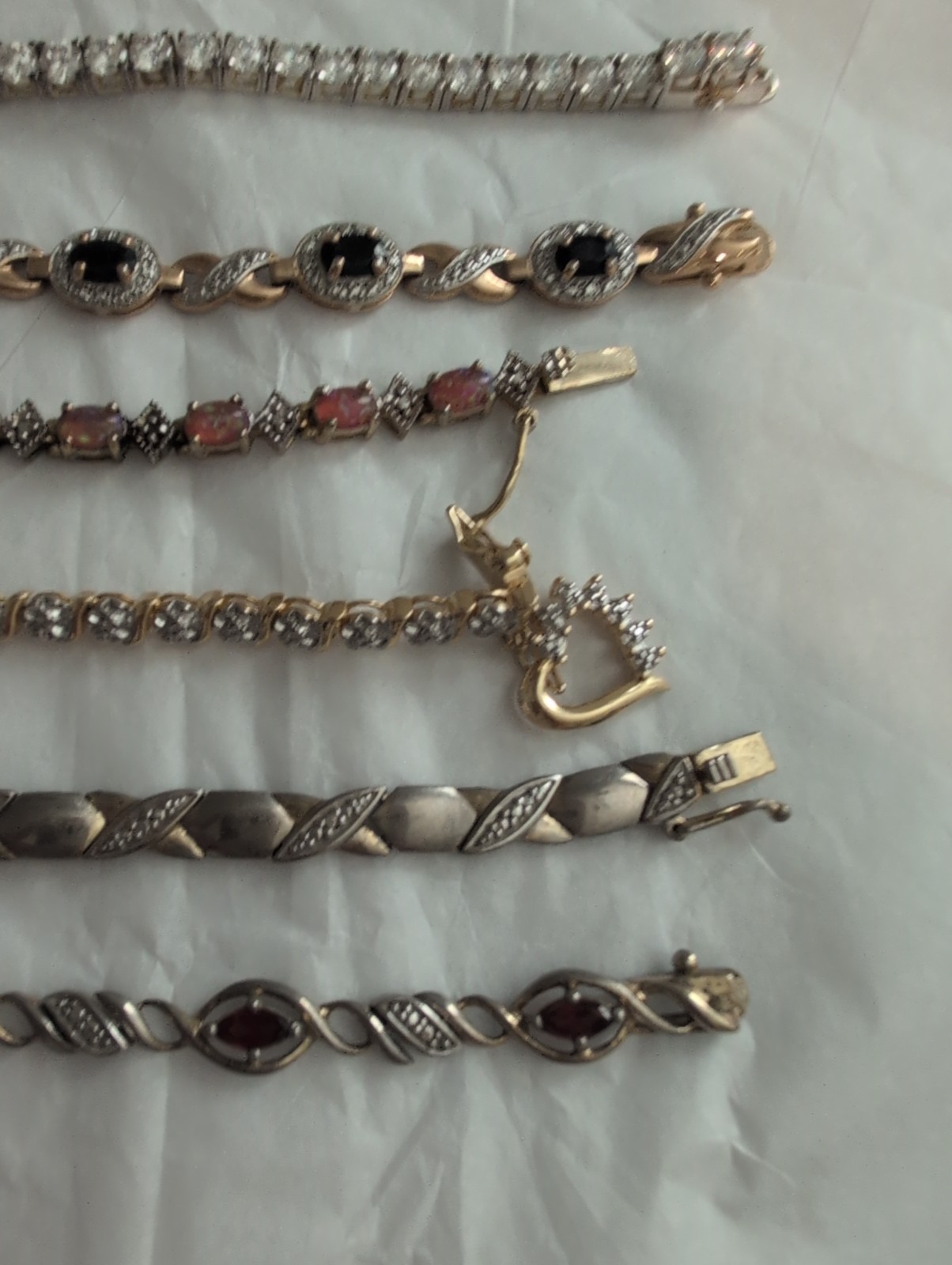 Vintage Sterling Silver 925 Bracelet Lot 6 Pc 75g Tennis Opal Garnet Rhinestone
