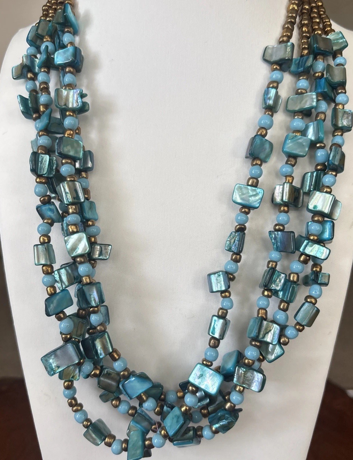 Multi Strand Turquoise Beaded Shell Statement Necklace Southwest Boho Style 19”