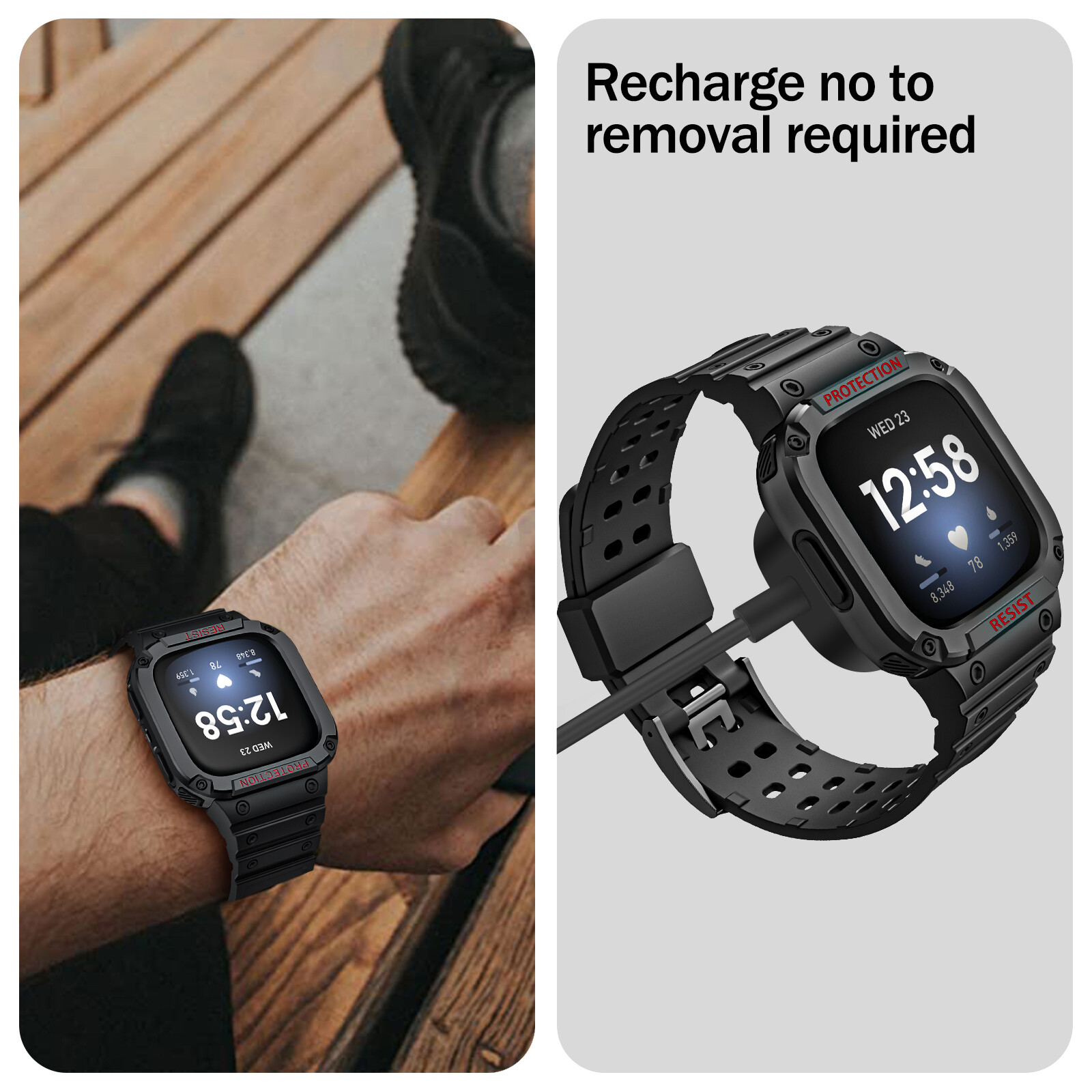 Band with Case for Fitbit Versa 3/2/Sense Rugged Men Sport Band Protective Cover