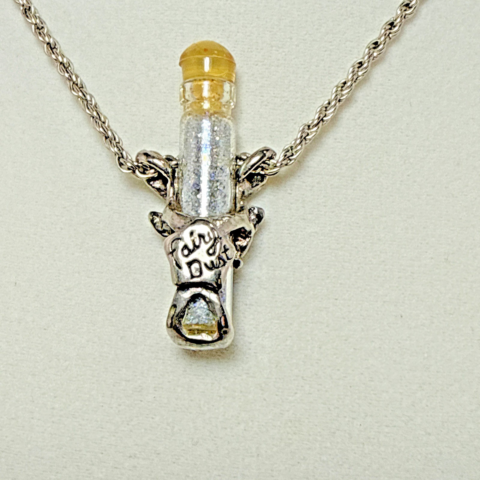 Vintage Pewter Angel Fairy Holding Vial Capsule of Fairy Dust Pendant Necklace