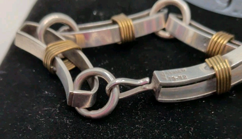 Taxco Sterling 925 Brass Accent Squared Link Bracelet 40g, Size 7 TD-42