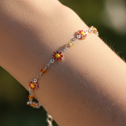 Floral Charm Bracelet 925 Silver Tone Chain Bracelet with Colorful Enamel Dasiy