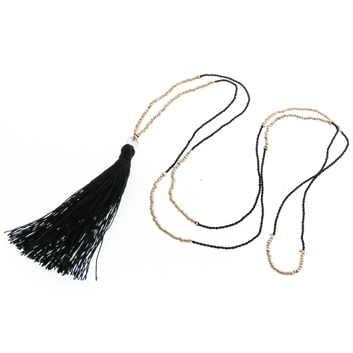 Long Beaded Black And Silver Beads With Tassel Pendant Necklace, 32″
