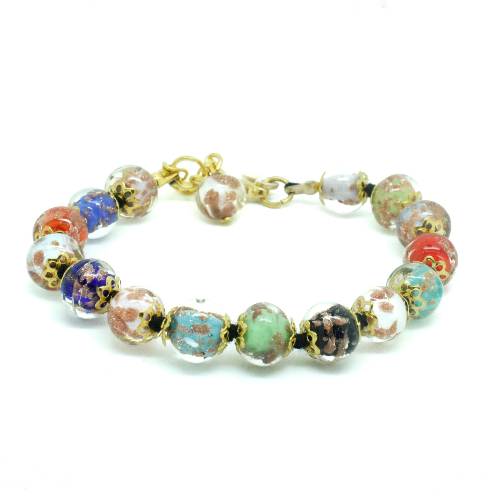 Murano Glass Bracelet Multi Coloured Bronze Gold Handmade 15 Sommerso Beads
