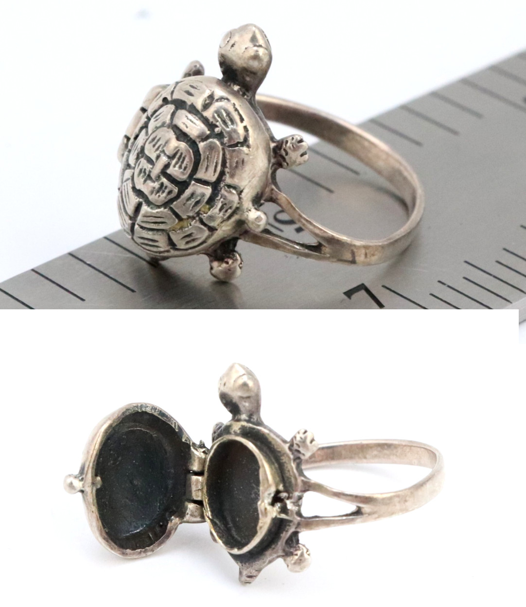Vintage 925 Sterling Silver Turtle Poison Pill Hidden Locket Box Ring Sz6.25