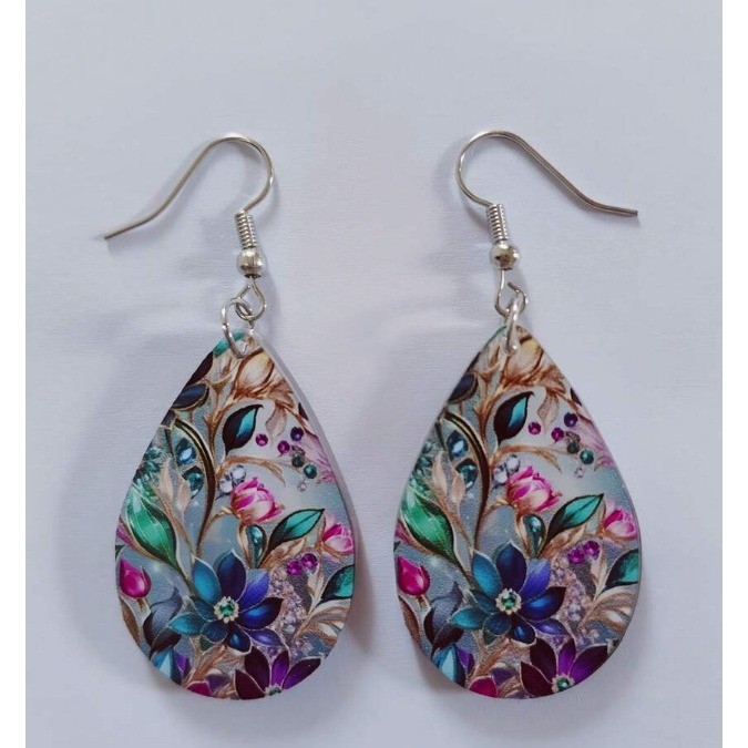 Floral Teardrop Dangle Earrings Multi Color Botanical Silver Tone Hook New