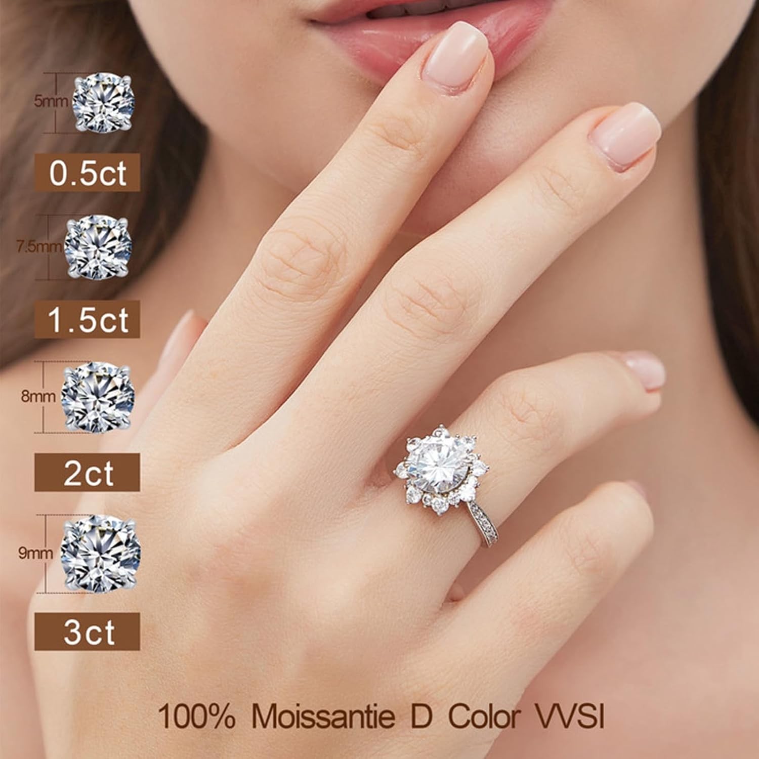 0.5-3CT Flower Halo D VVS1 Moissanite Ring 925 Silver 18K White Gold Plated