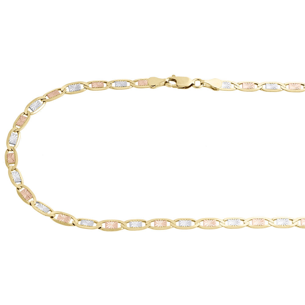 Real 10K Tri-Tone Gold Solid Valentino Link Chain 4mm Necklace 16 – 30 Inches