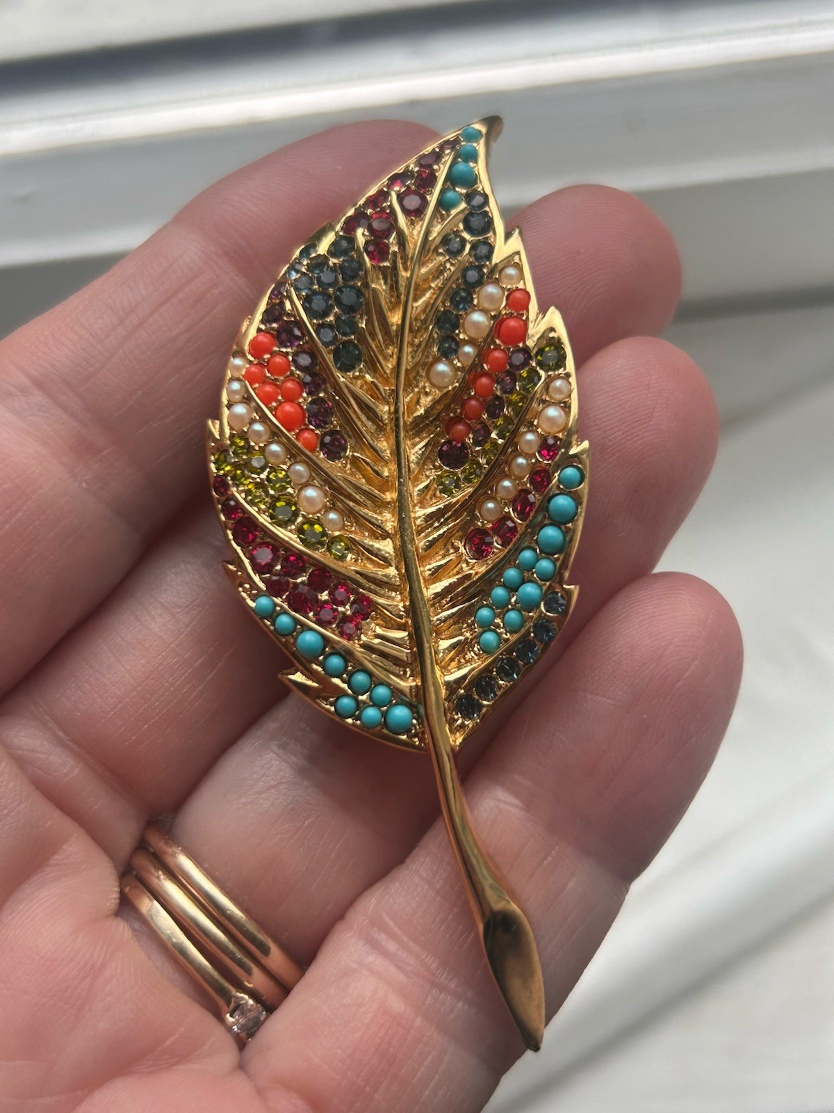 Vintage D’Orlan Rhinestone Enamel Leaf Pin Brooch J21