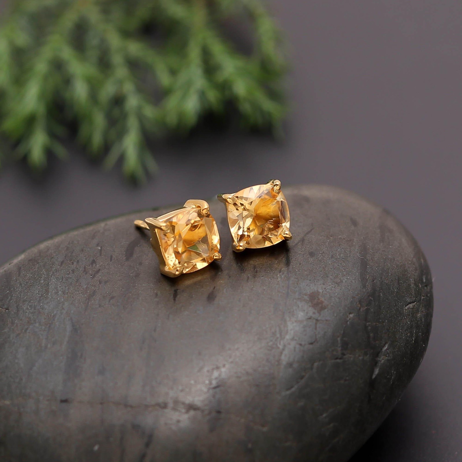 Natural Citrine Quartz Cushion Stud Earrings Gold Plated Solid Silver Jewelry