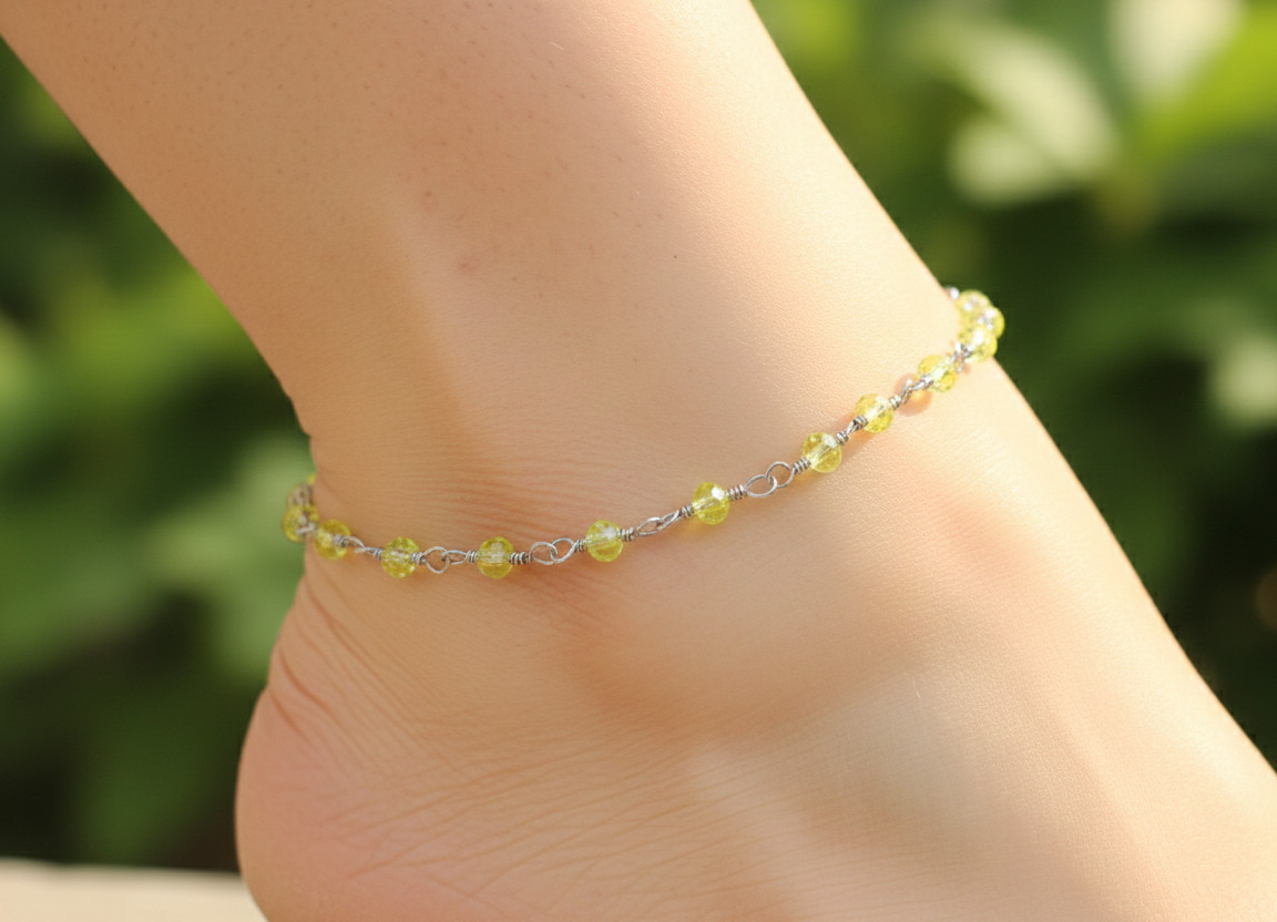 Chic Topaz Yellow Bead Boho Anklet | Silver Tone Brass Chain Designer Anklet