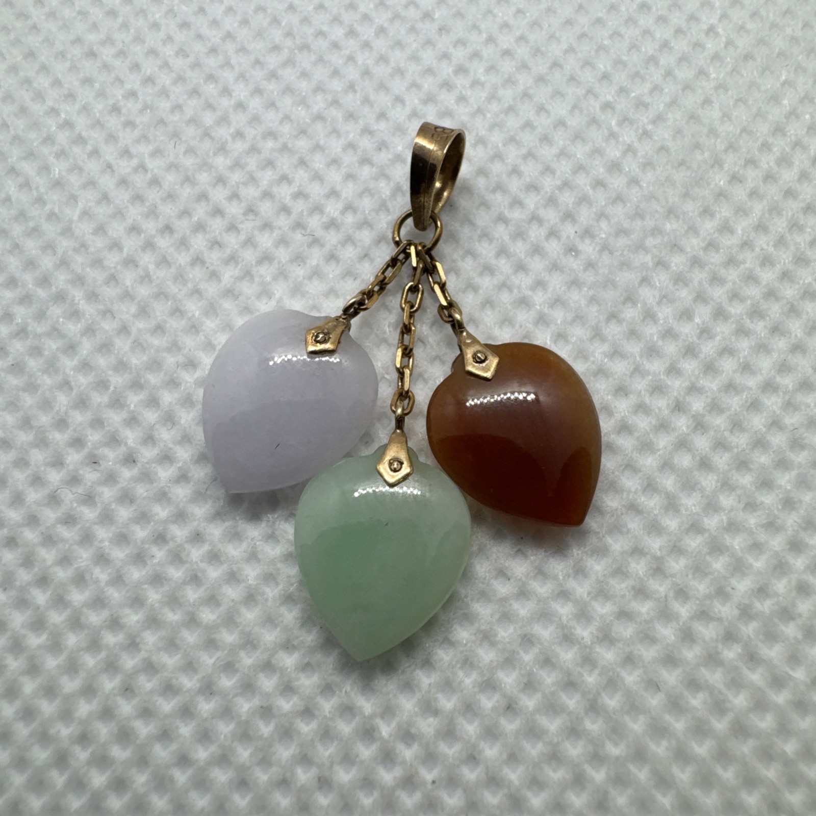 14k Solid Yellow Gold Green Brown White Jadeite Jade 3 Heart Pendant Charm 585