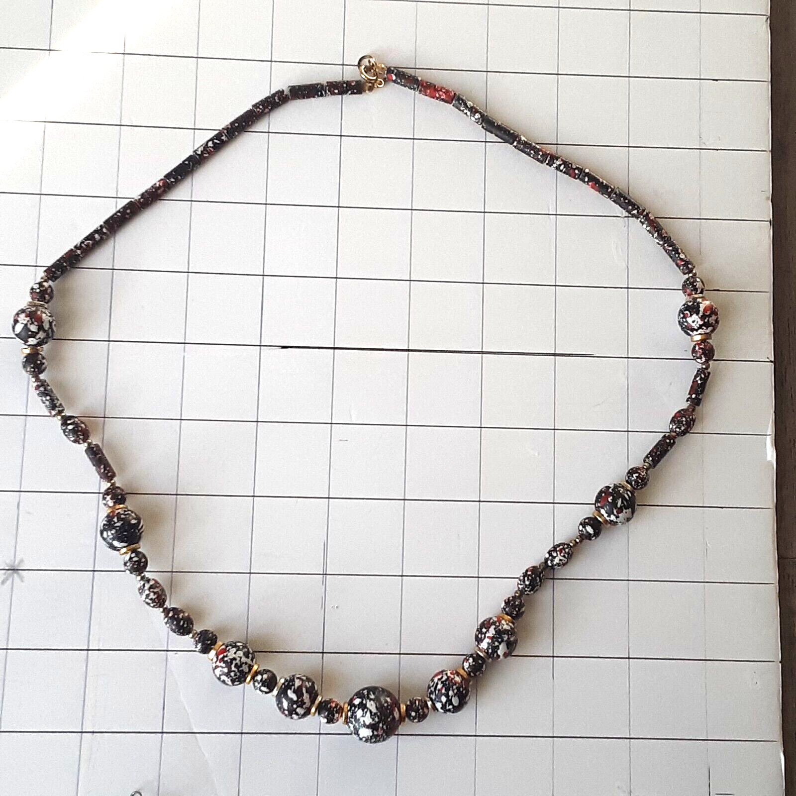 Long Black Multicolor Beaded Necklace White Red Gold Speckled 27″ Long
