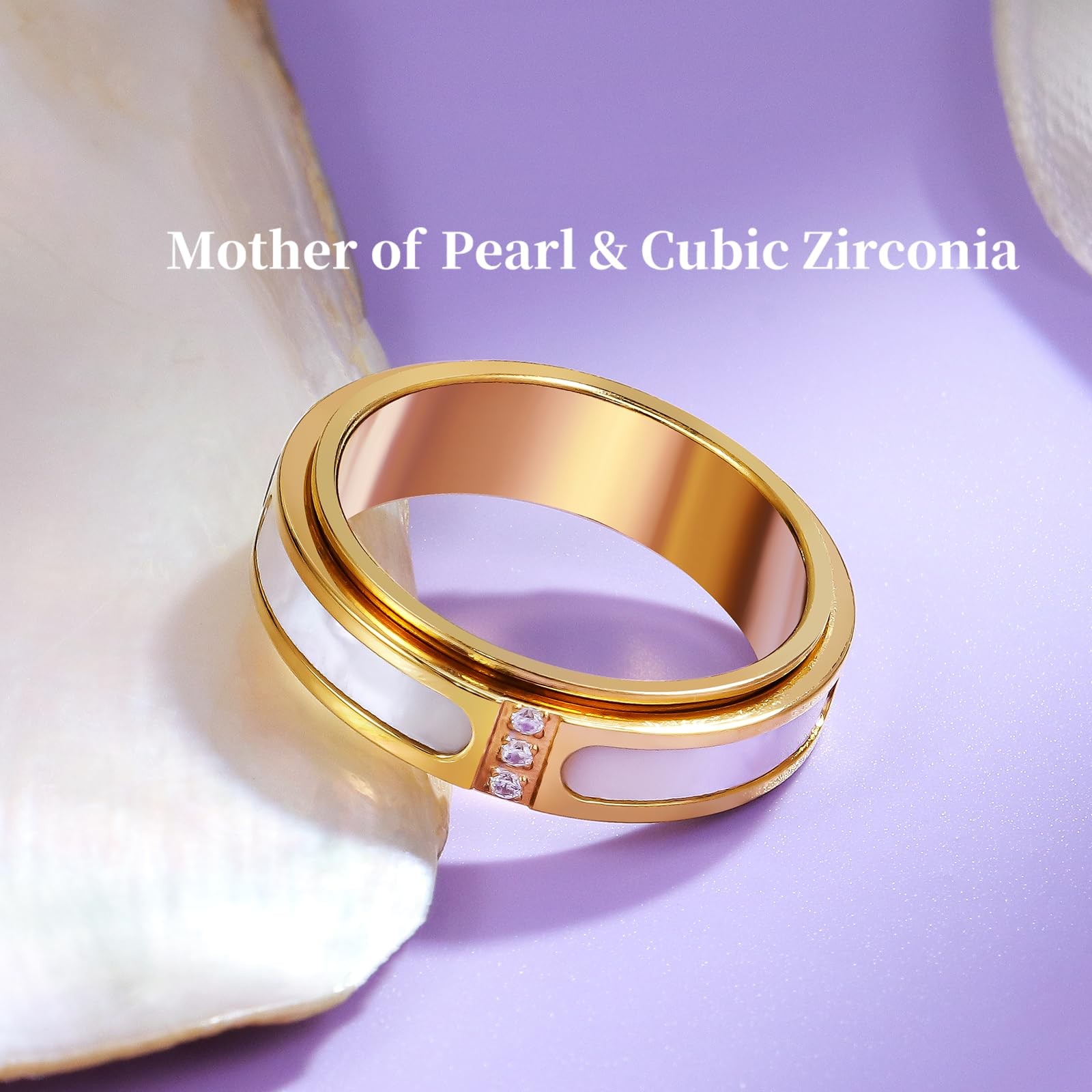 Fidget Spinner Ring for Women:18K Gold Plated Stainless Steel with Mother of …