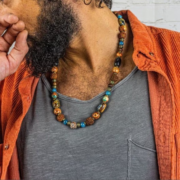 Mens Tigers Eye Multi Stone Walnut Bead Necklace Boho Statement Necklace Choker