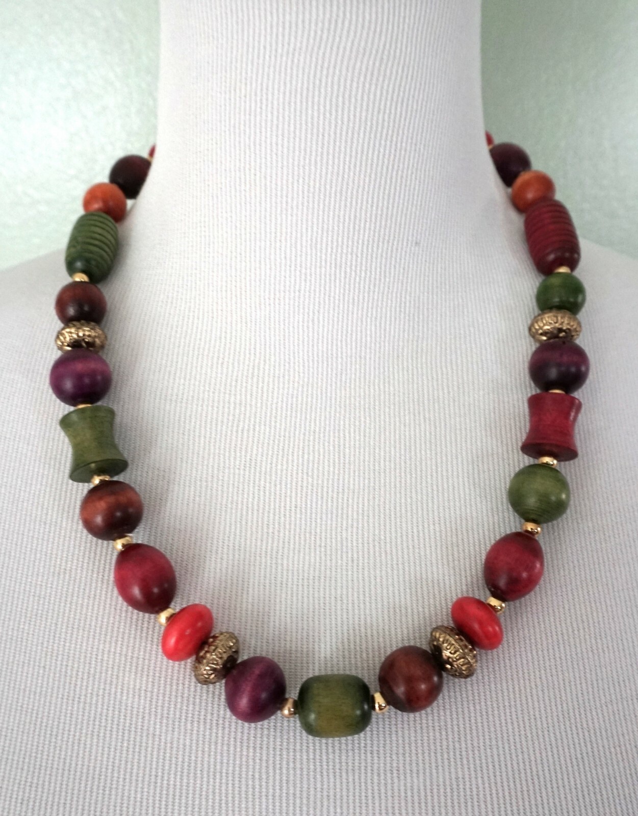 Vintage Multi-color Red Brown Green Purple Metal Wood Beaded Necklace