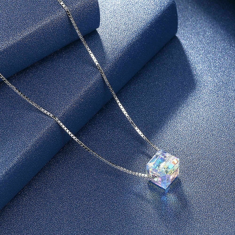 Aurora Borealis Square Crystal Cube Necklace & Stud Earrings Jewelry set