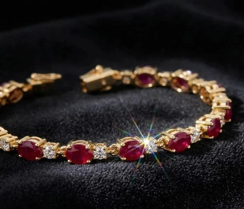 8.00Ct Oval Cut Simulated Ruby & Diamond Tennis Bracelet 14K Yellow Gold Plated