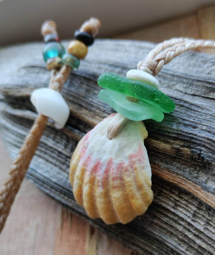 Sunrise Shell & Sea Glass Necklace Braid Beach Aloha Gift Puka Pecten Langfordi
