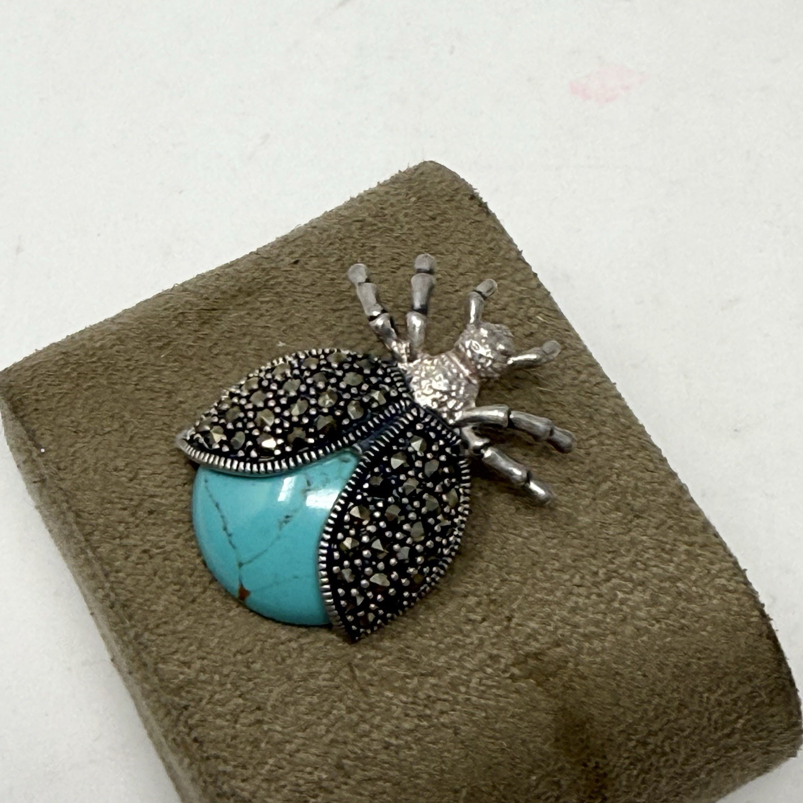 Vintage Sterling Silver Marcasite Bug Brooch Turquoise Cabochon Insect 925