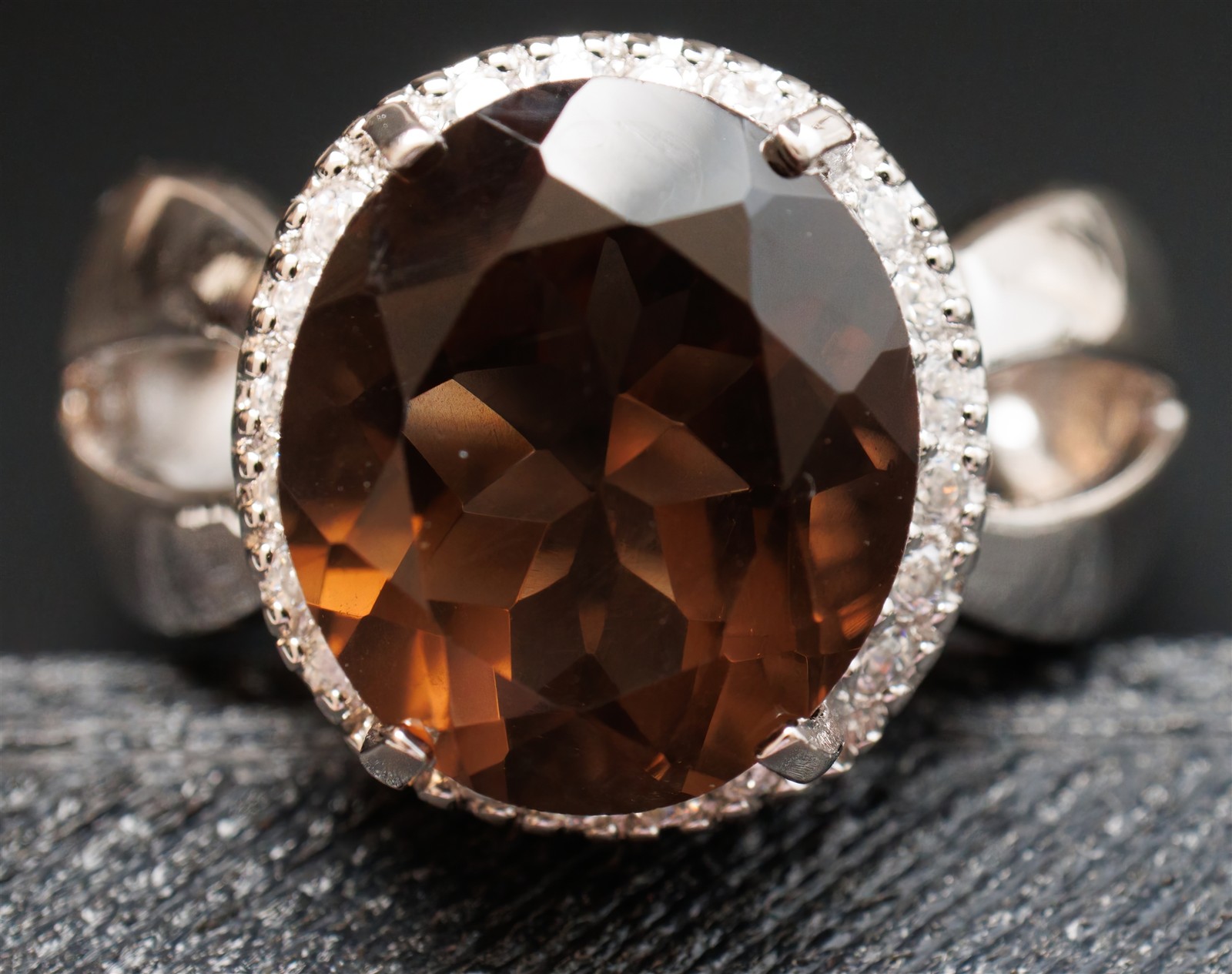 Size 8.75 Brown Smoky Quartz Cocktail CZ Halo Sterling Silver Ring
