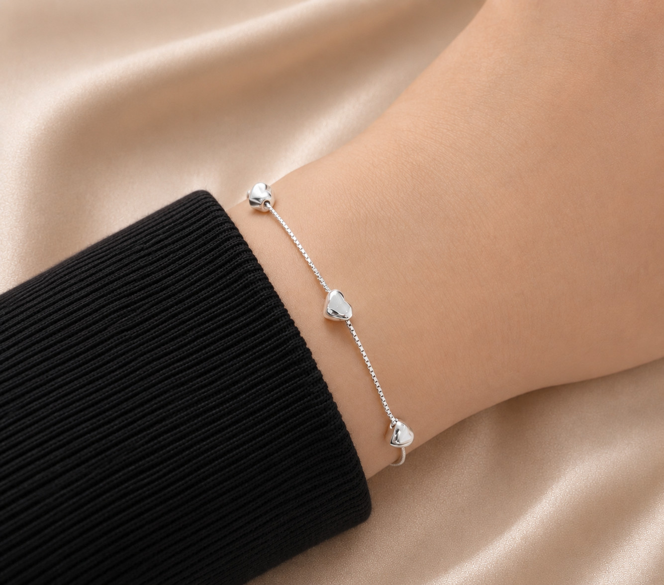 925 Sterling Silver Heart Charm Bracelet 16+2.5cm Adjustable Minimalist Gift for