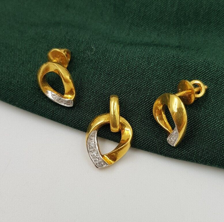 22K Yellow Gold Pendant Set Modern Teardrop Loop CZ Stud Earrings Hallmark 916