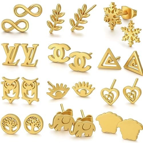 12 Pairs Pure Stainless Steel Anti Tarnish Gold Plated Ear Set