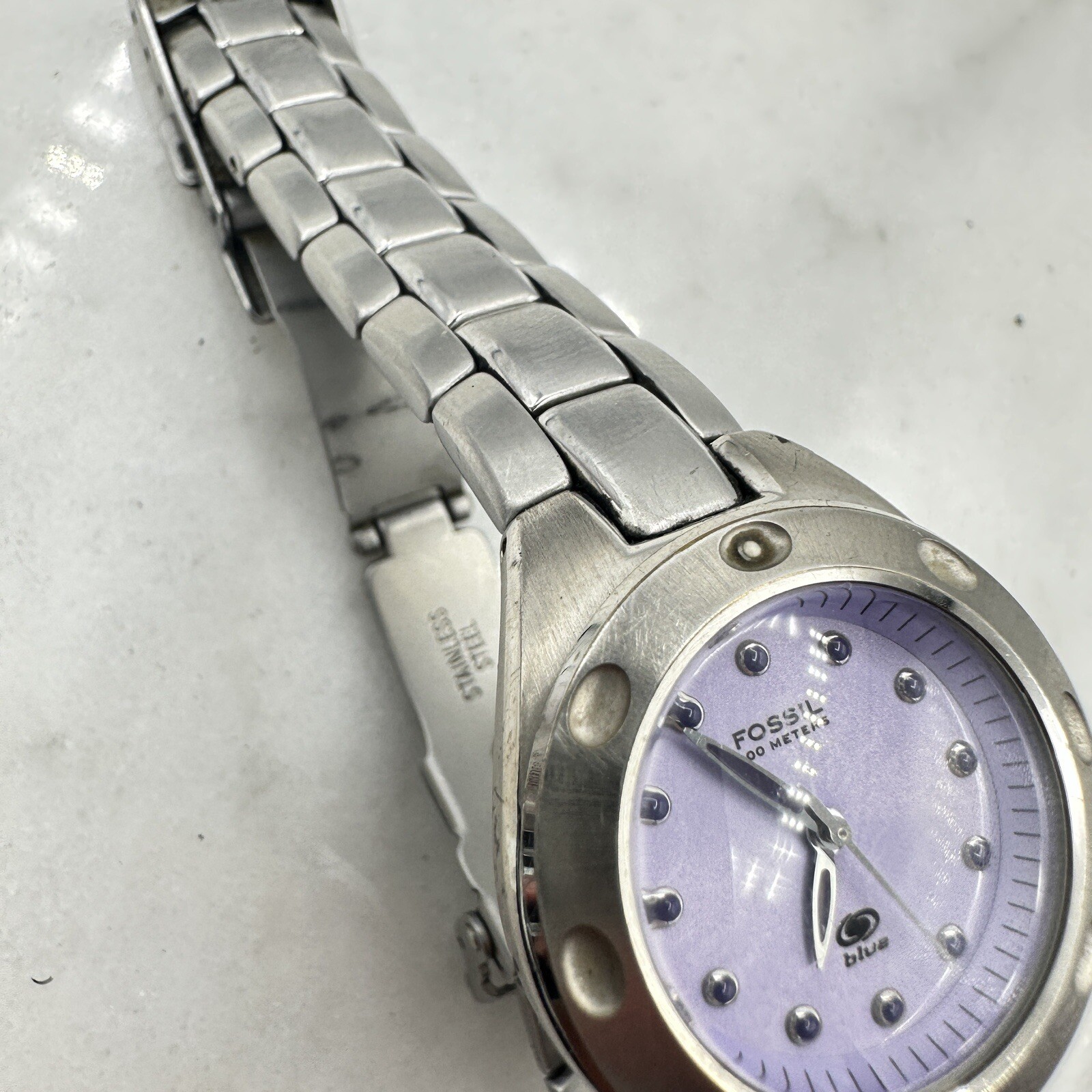 Fossil AM3388 Watch, Purple Dial, Silver Tone, New Battery Sz. 6.25”