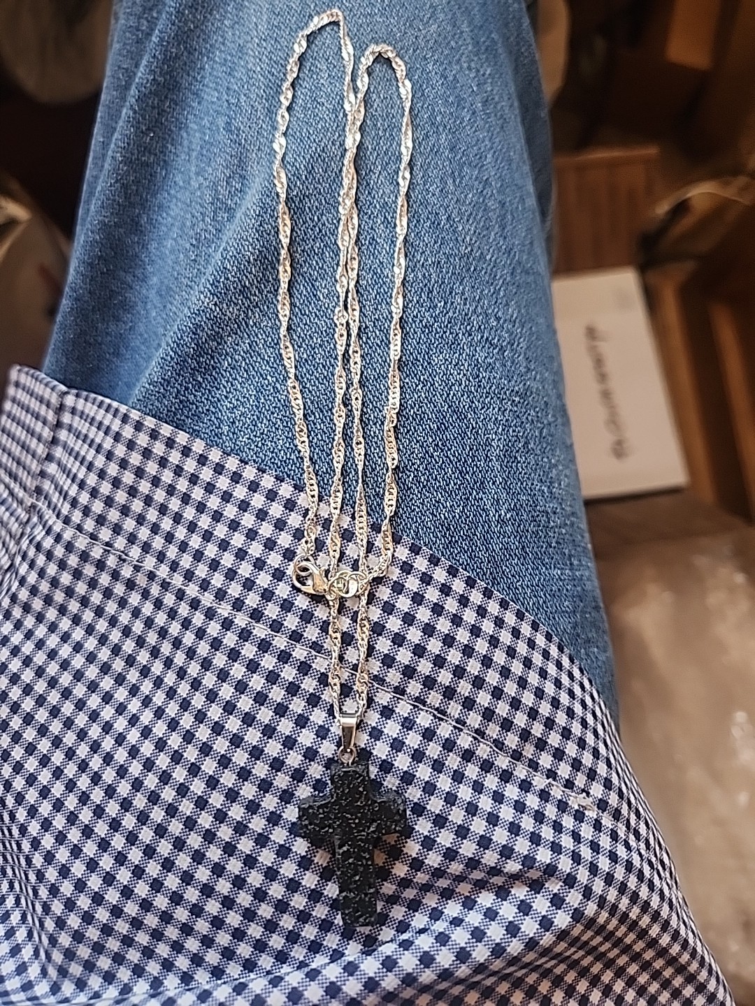 22″ STERLING SILVER SINGAPORE CHAIN With 25mm GENUINE LAVA STONE CROSS