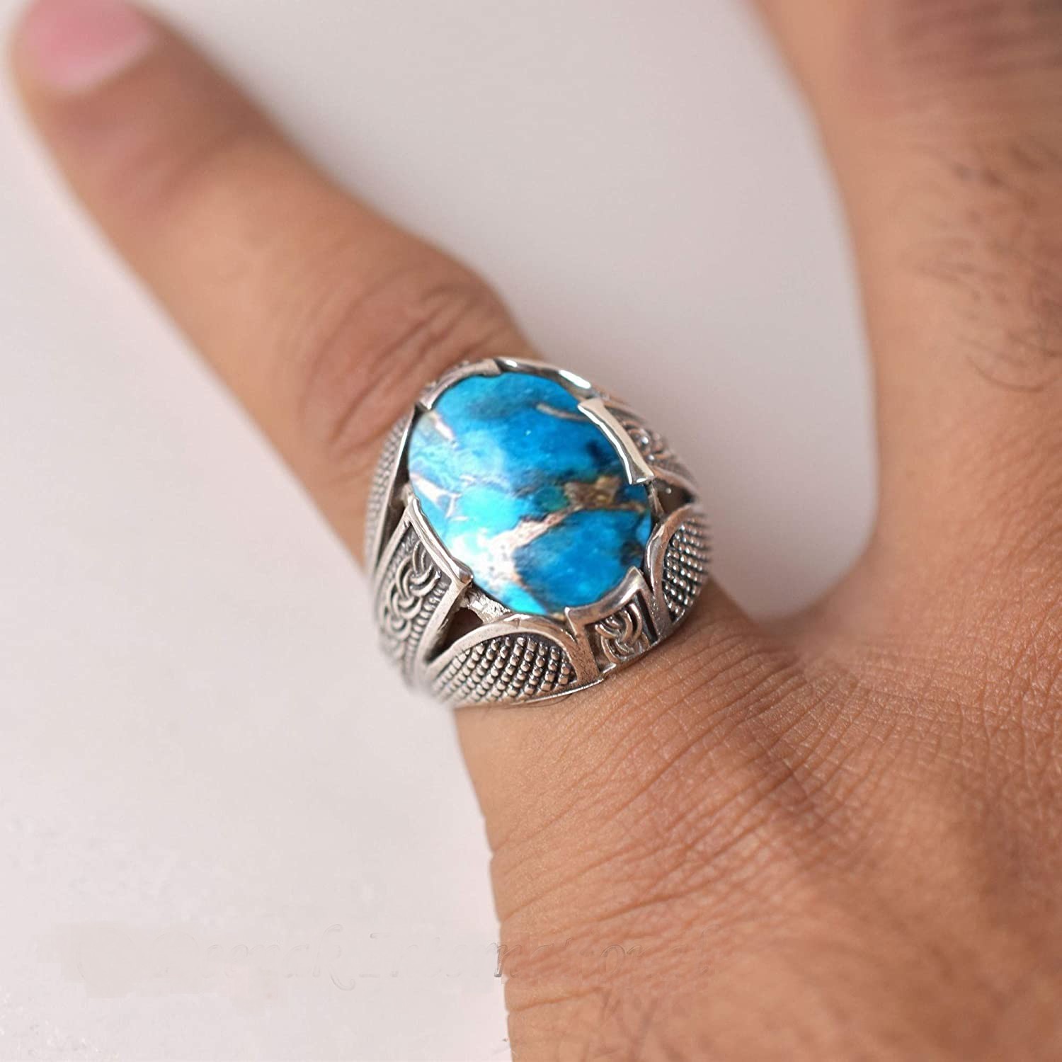 Solid 925 Sterling Silver AA Natural Copper Turquoise Gemstone Men’s Unisex Ring