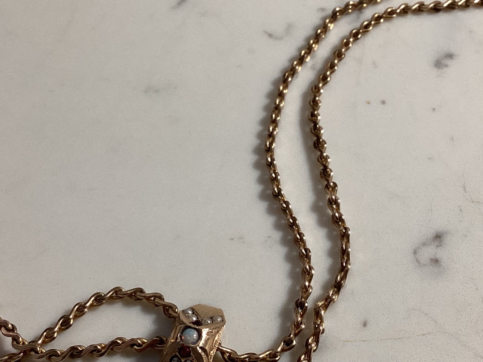 ANTIQUE SIGNED S.O.B. & CO. GOLD FILLED RUBY, PEARL SLIDING WATCH CHAIN NO RES