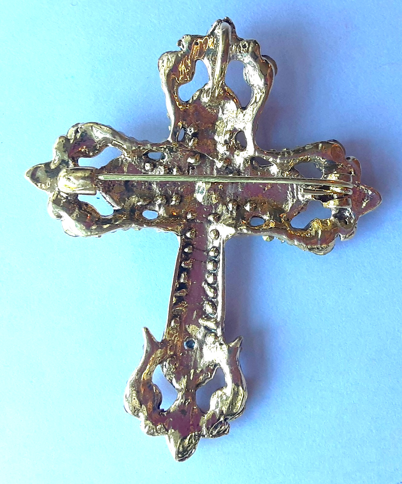 VICTORIAN style CROSS RHINESTONE BROOCH or NECKLACE GIFT BOX Gold color #BR17