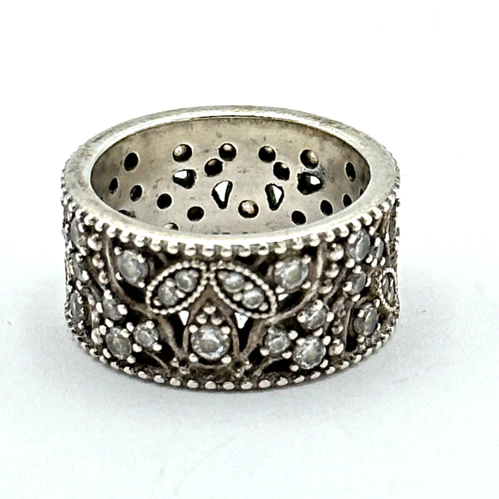 PANDORA Shimmering Leaves ring size 5.25 sterling silver clear CZ 10mm wide band