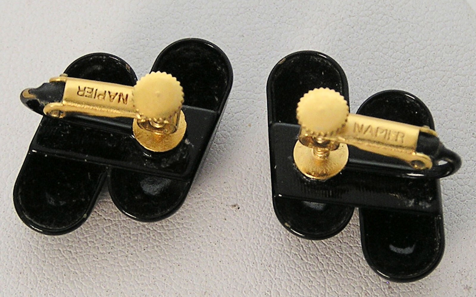 Vintage Napier Black Enamel Angled Oval dome Capsule Link Bracelet Earrings Set