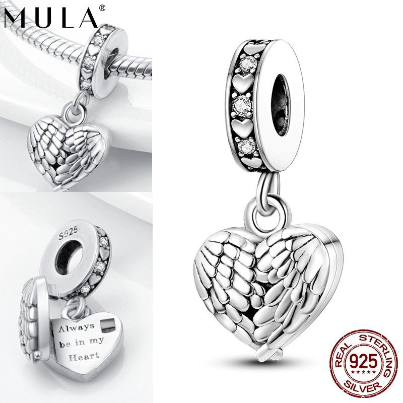 MULA 925 Sterling Silver Charm Feather Peach Heart Pendant for Women Bracelet