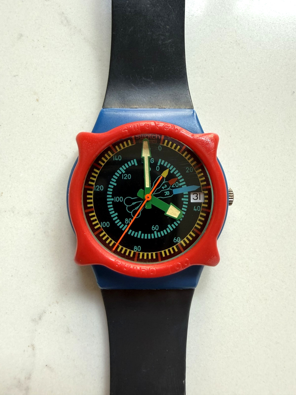Working Vintage Swatch GS400 Rotor Aviation Graphic Swiss Watch Original Strap
