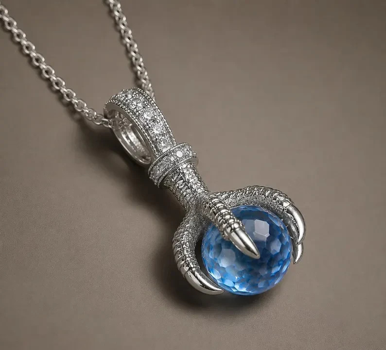 Natural Swiss Blue Topaz Sphere Pendant 925 Sterling Silver White Zircon Claw